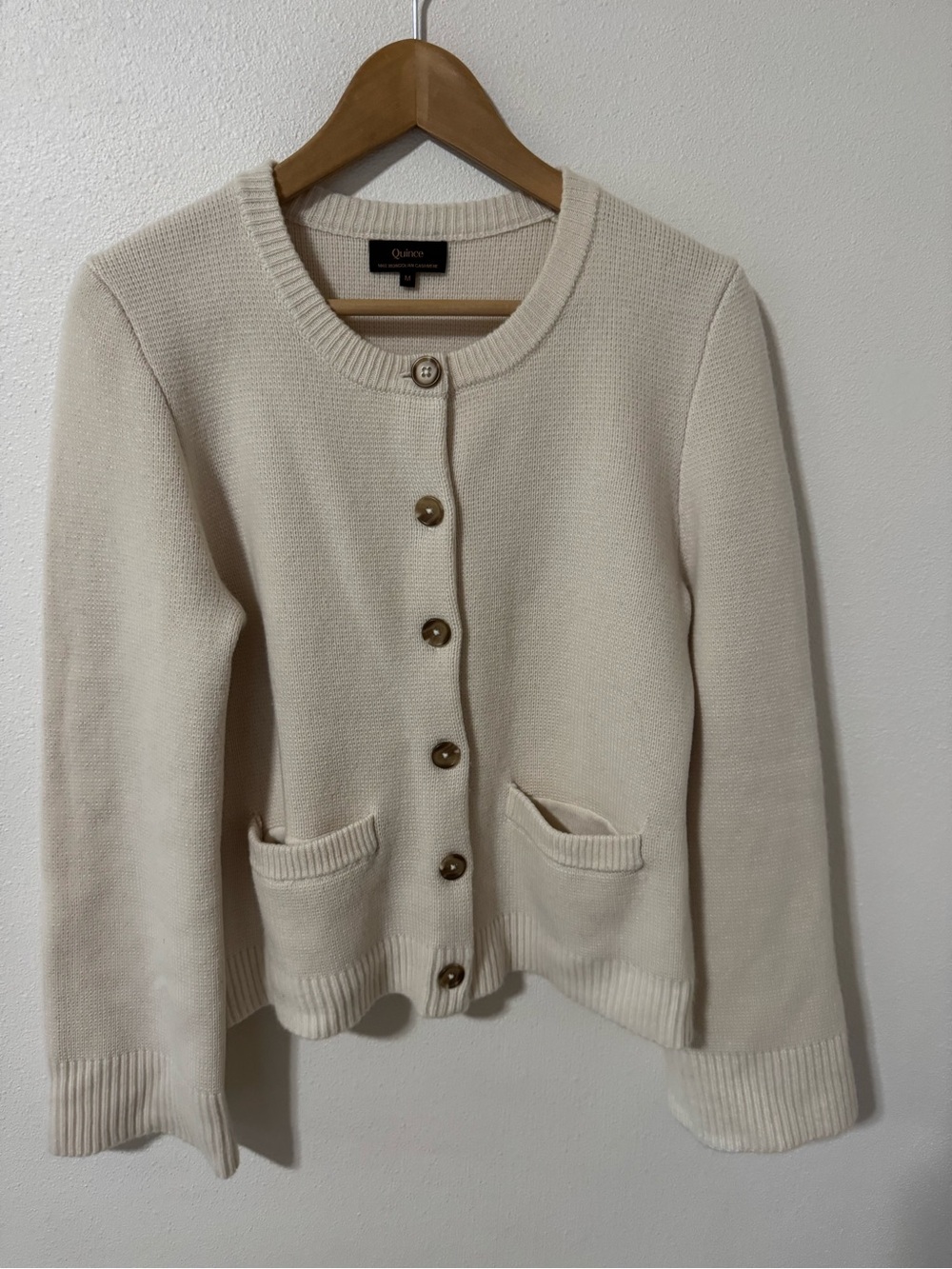 Quince 100% Mongolian Cashmere Structured Cardigan Ivory Button Pockets-Medium